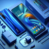 Realme Narzo 30 smartphone in racing blue with accessories and box on a blue background.