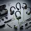 Open-Ear TWS Earbuds showcase with various designs and accessories on a dark background.
