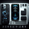iPhone 12 displayed with accessories including charger and case on a sleek background.